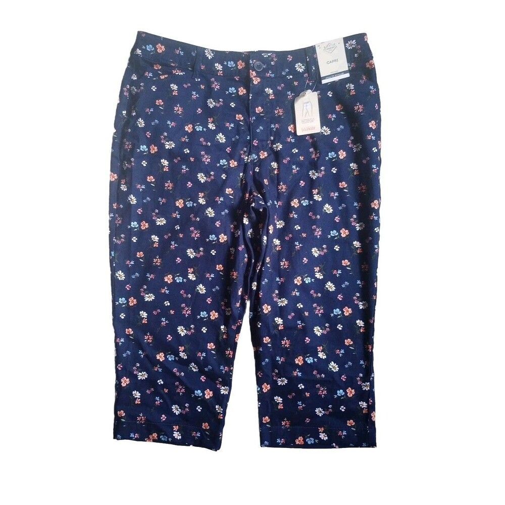 St. Johns Bay Floral Crop Capri Pants Womens 14 Blue Multi Stretch NWT